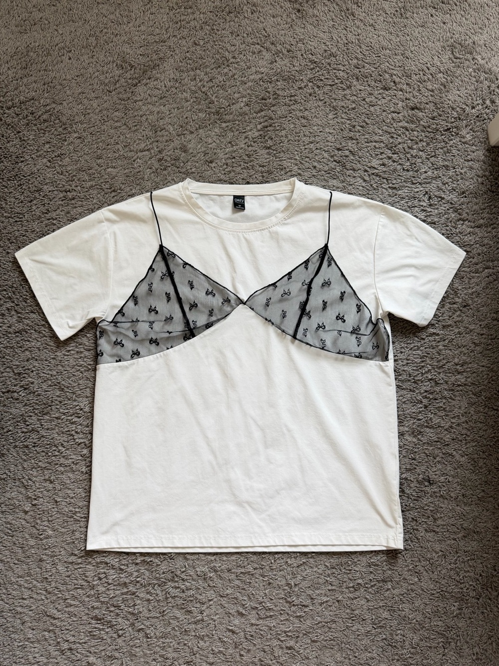 Women’s White Short-Sleeve Tee with Black Sheer Overlay